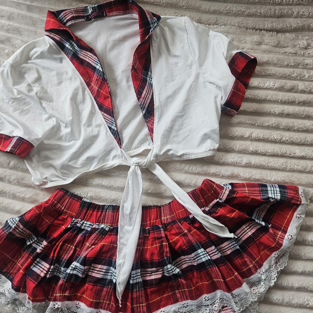 Red Plaid Skirt and White Tie-Front Top Set